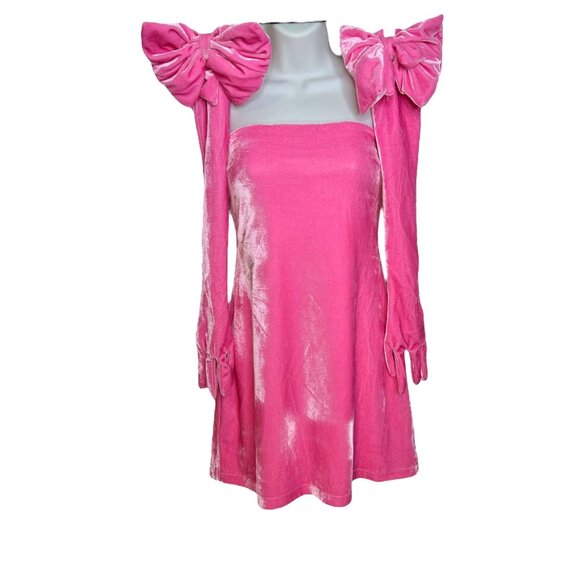 Sugar Thrillz Pretty Perfection Mini Dress Set Pink Velvet Bow Gloves Medium - Picture 1 of 15